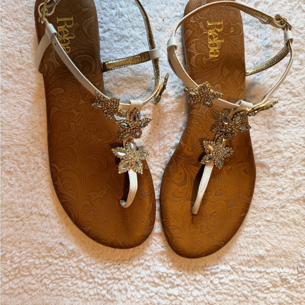 Reba White and Gold Floral Embellished Sandals